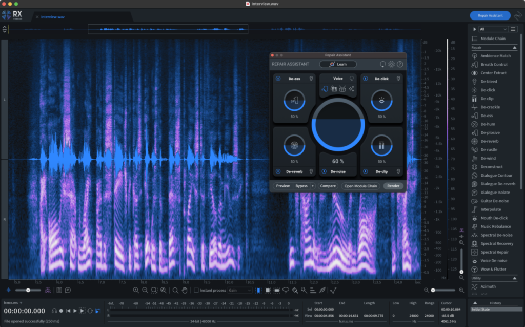 iZotope RX 10 Graphical User Interface (GUI) screenshot. New repair assistant and purple waveforms.